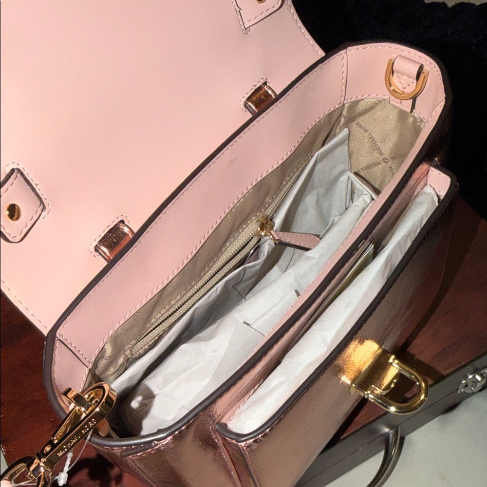 Michael Kors Metallic Rose Gold Satchel with Signature Web Strap - Picture 5 of 5